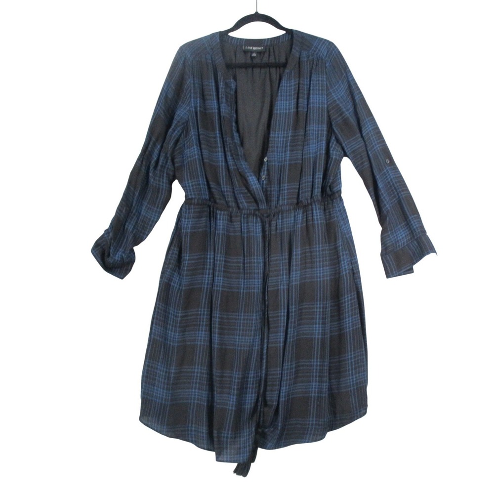 Lane Bryant Women 16 Blue Black Plaid Surplice V-Neck Roll Tab Sleeve Dress‎